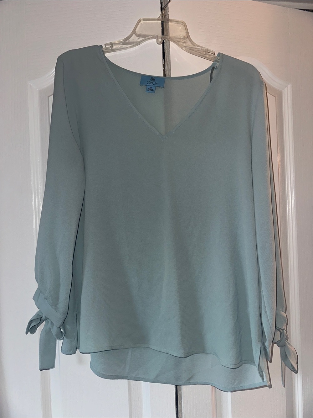 CeCe Pale Blue V-Neck Tie-Cuff Blouse